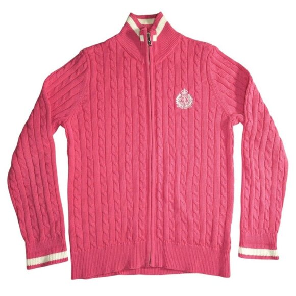 Lauren Ralph Lauren Active Prep Womens Cotton Pink Cable Knit Sweater Full Zip - Picture 3 of 10